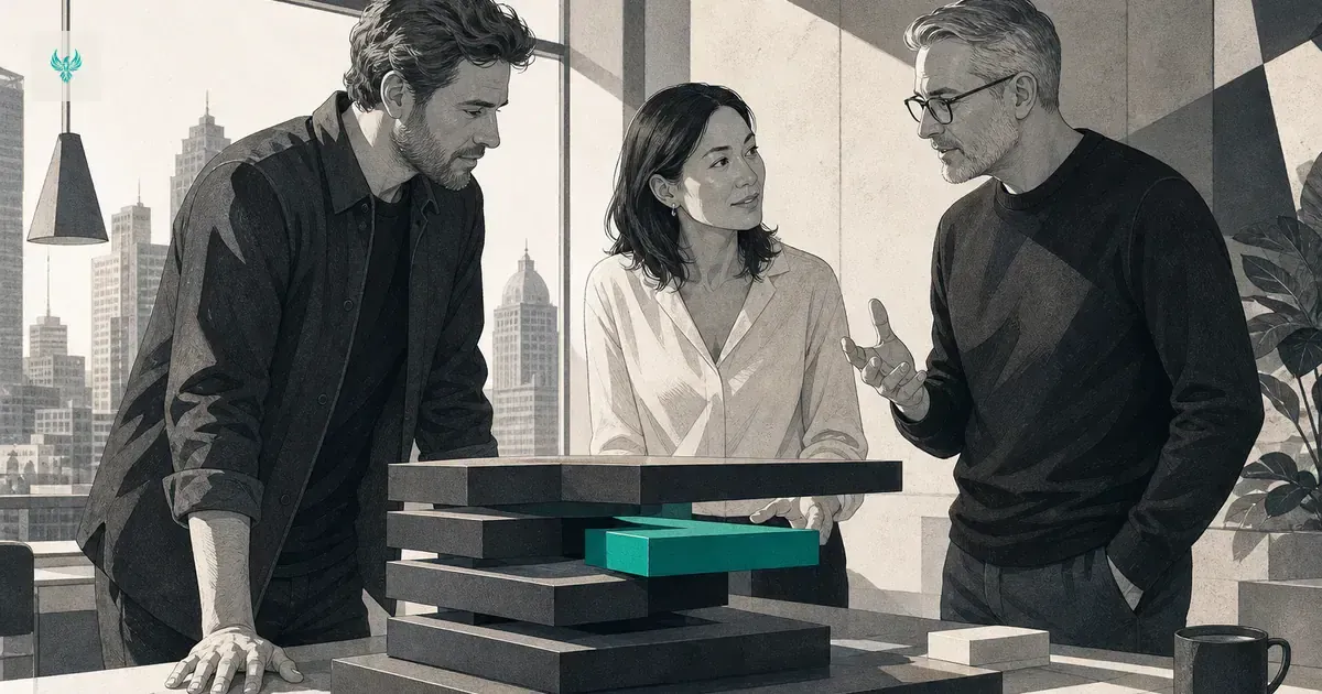 Abstract stacked structure meeting an overhead limit, with a teal bearing block creating a path beyond it