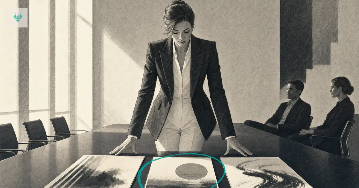 A founder at the head of a boardroom table with three agency reports fanned out and one circled in teal