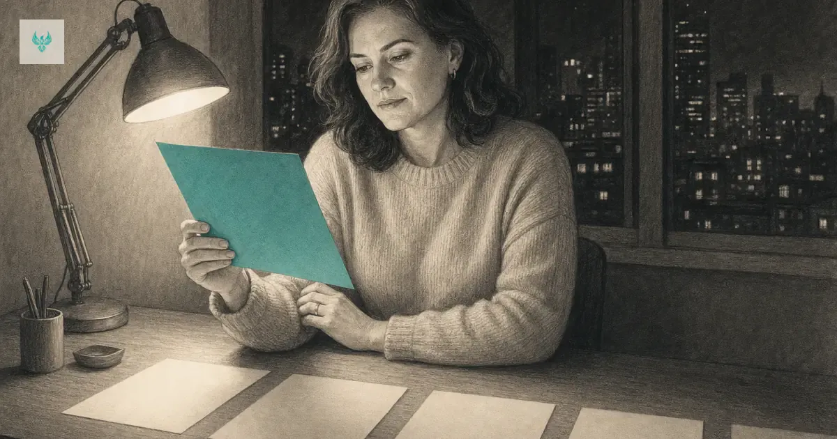 Pencil sketch of a founder at a desk at night, reading one teal page above a row of blank sheets