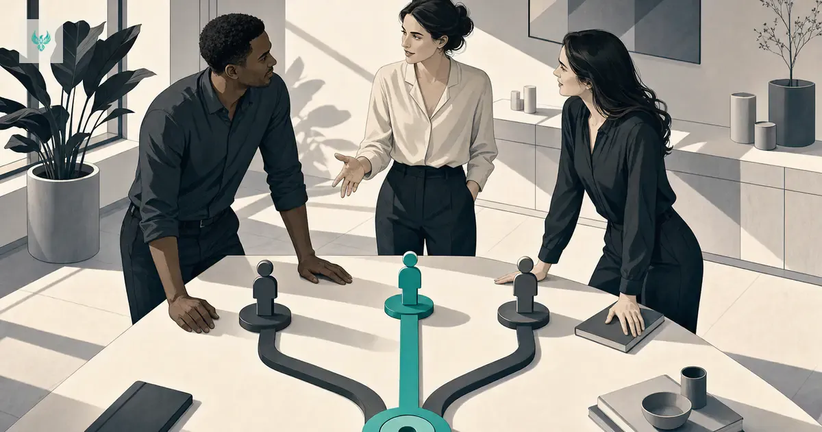 Abstract three parallel routes meeting one decision point, with the chosen route picked out in teal
