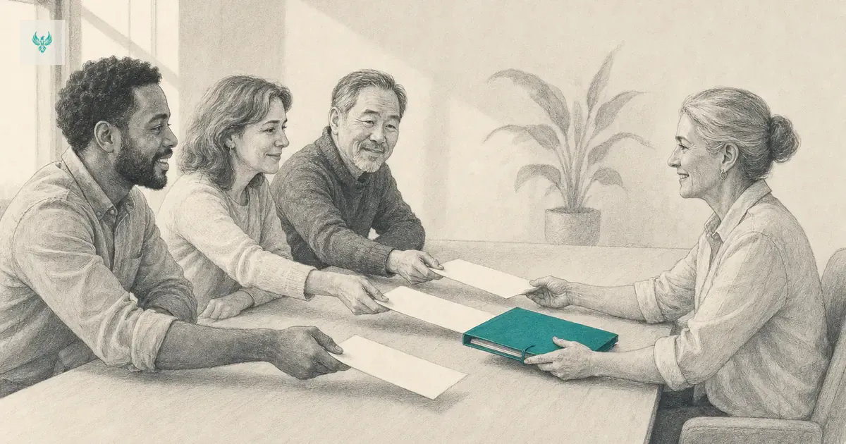 Pencil sketch of three team members passing briefs across a table to a leader who holds a teal binder