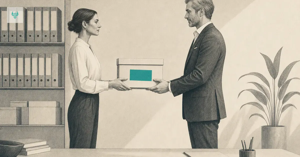 One person handing a closed archive box with a teal label to another across a wide desk