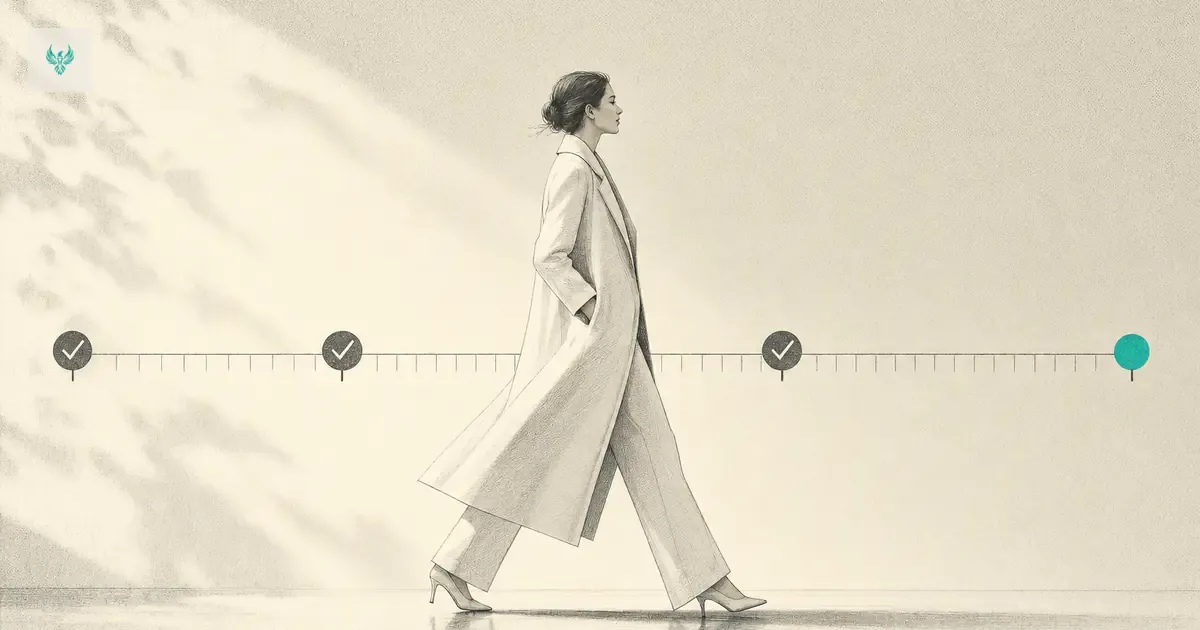 A woman in a long coat walking beside a wall-length calendar strip with four checkpoints and the fourth in teal