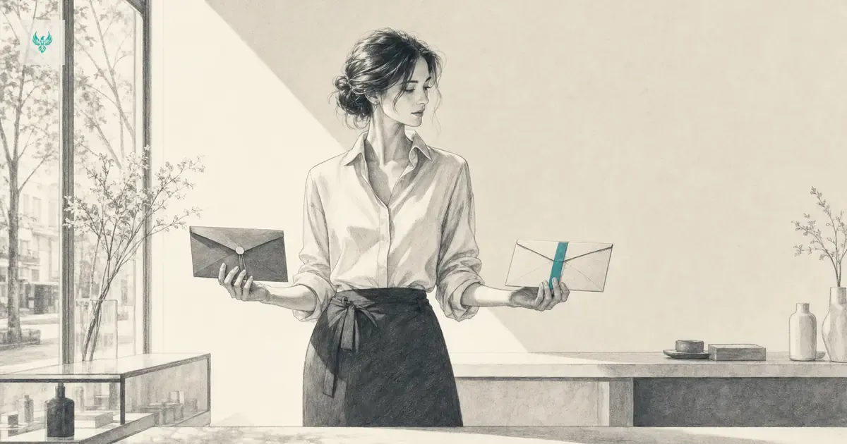 Pencil sketch of a shop owner weighing two envelopes at the counter, one plain and one marked in teal