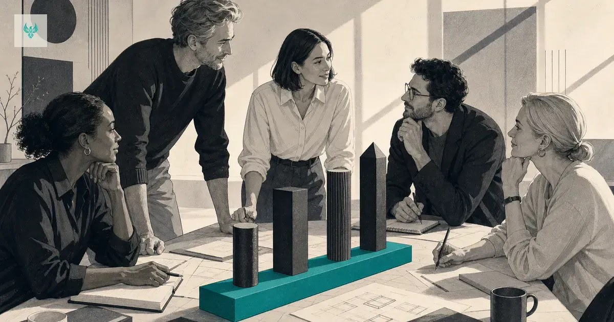 Four abstract leadership models measured against a teal beam of decision authority