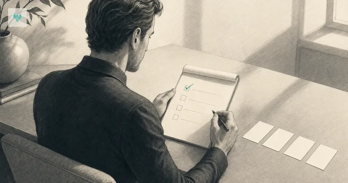 A founder at a clean desk reading a handwritten checklist with one line ticked in teal beside four blank business cards