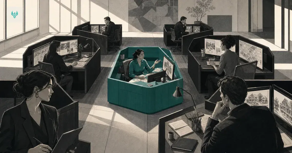 Ten abstract work bays coordinated by a single teal automation hub