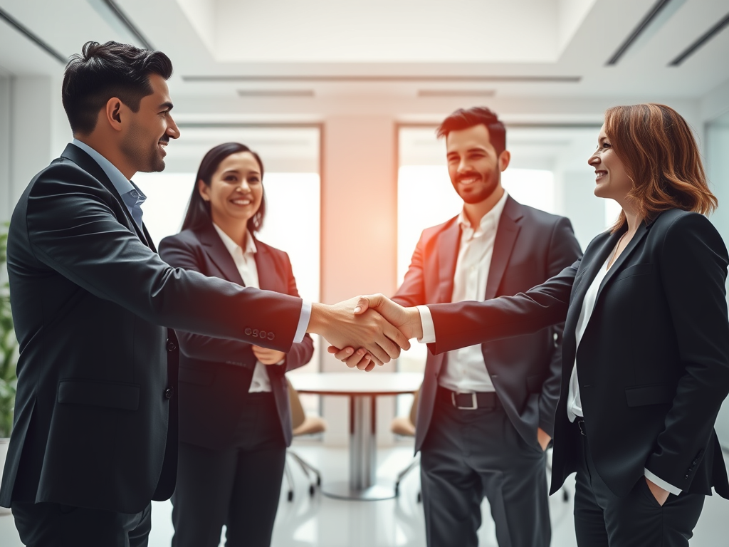 Two experienced business owners shaking hands on a deal in a minimalistic office setting